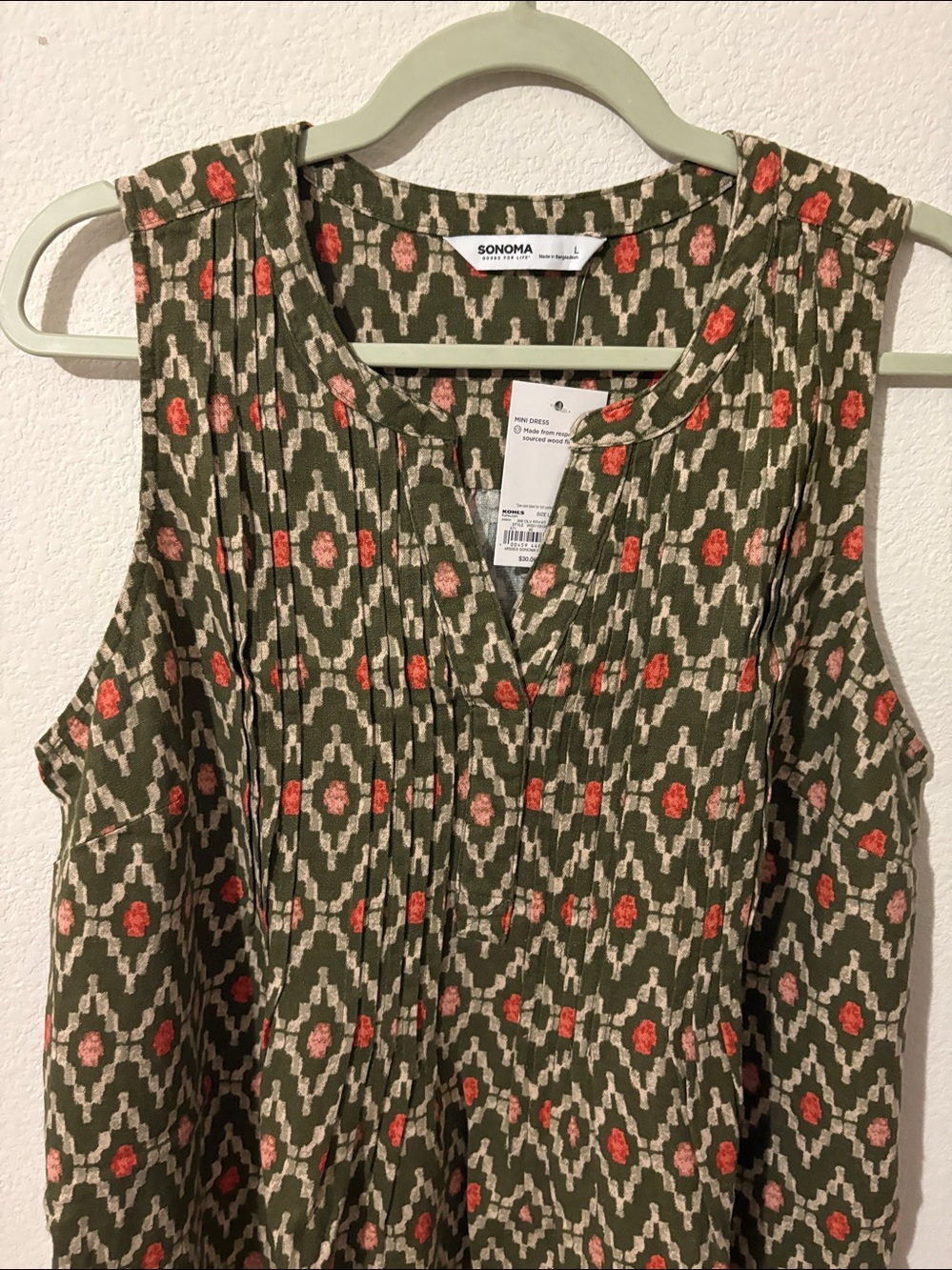 Sonoma linen&rayon shift green&orange geometric print sleeves-less large dress